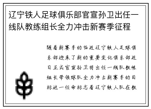 辽宁铁人足球俱乐部官宣孙卫出任一线队教练组长全力冲击新赛季征程