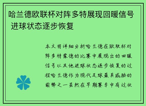 哈兰德欧联杯对阵多特展现回暖信号 进球状态逐步恢复